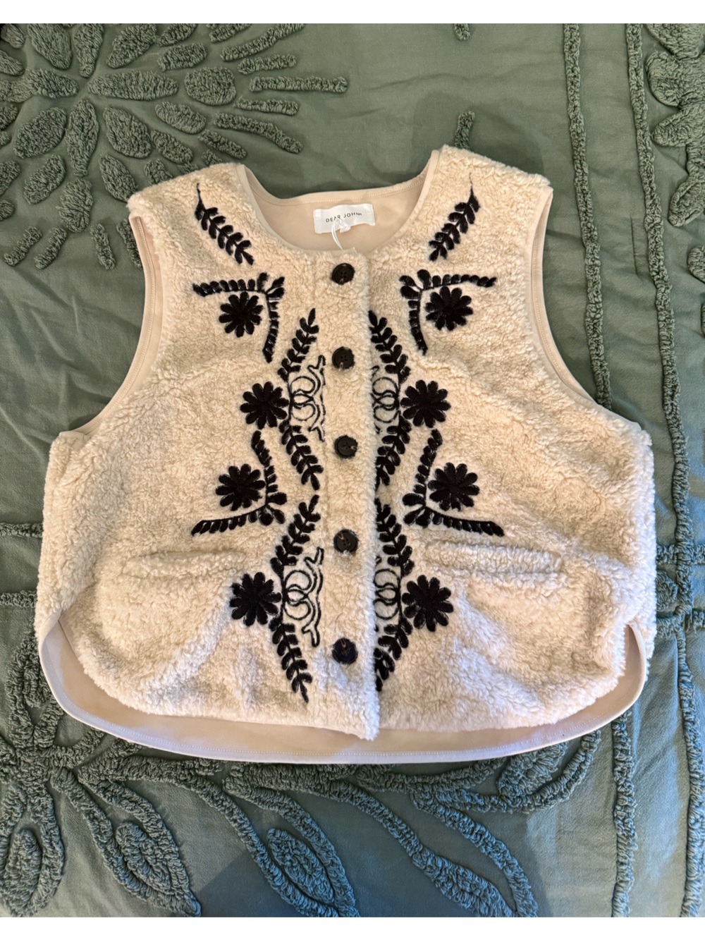 Dear John Cream Sherpa Vest with Black Floral Embroidery